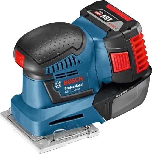 Ponceuse Vibrante BOSCH GSS 18V-10 - 2 Batteries 18V 5.0Ah, Chargeur Et Coffret + 3 Feuilles Abrasives Et 3 Plaques - 06019D0201